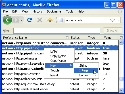 Firefox - Right click on a blank space, select New > Integer